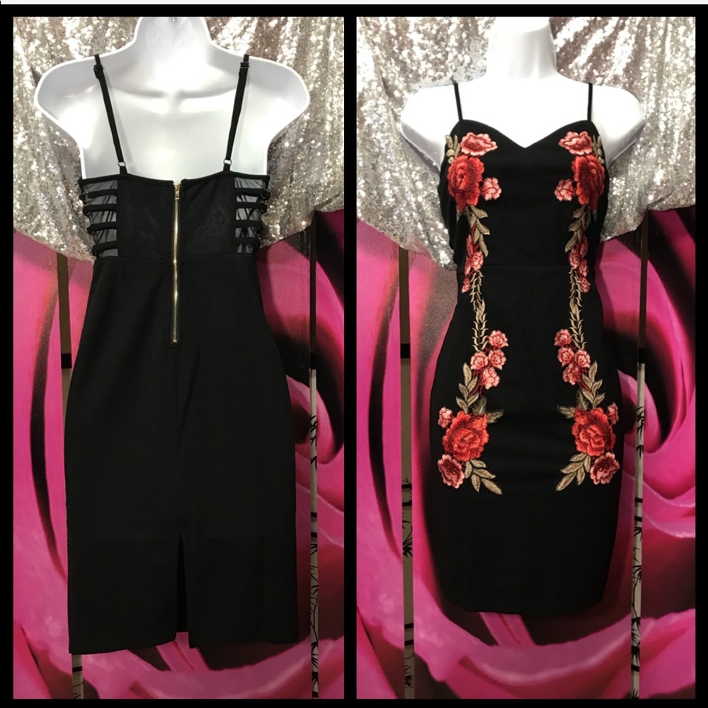 Rose embroidered body con dress